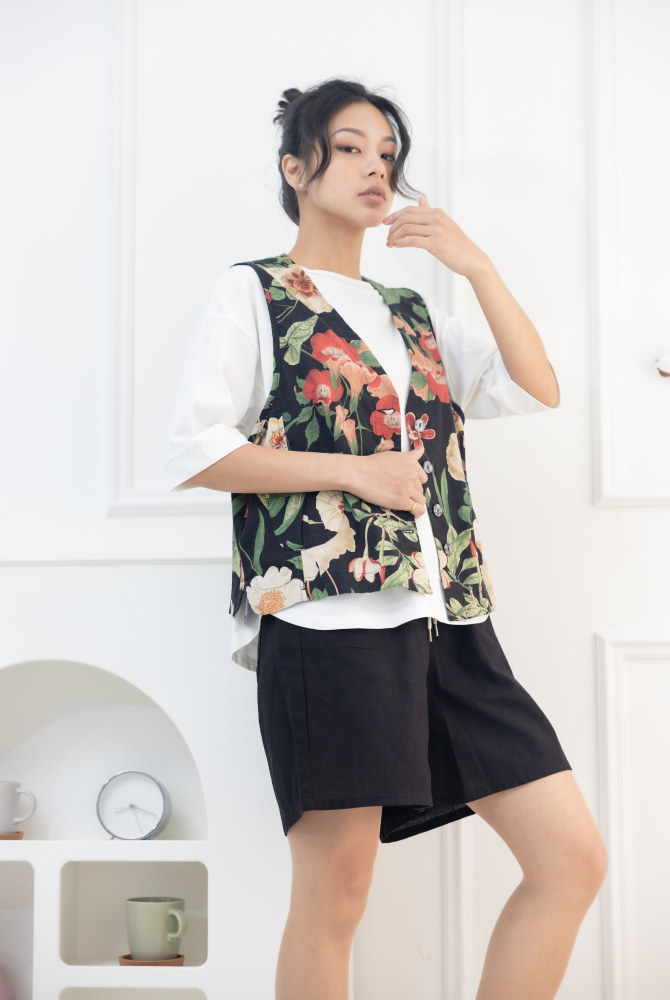 반바지 棉麻抽繩五分褲/黑色