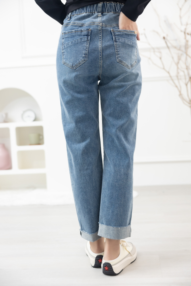 긴 바지 微刷破褲腳反摺牛仔褲 / 淺藍色