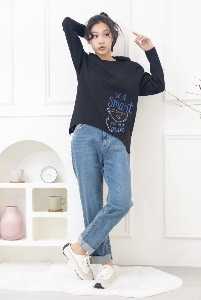 긴 바지 微刷破褲腳反摺牛仔褲 / 淺藍色