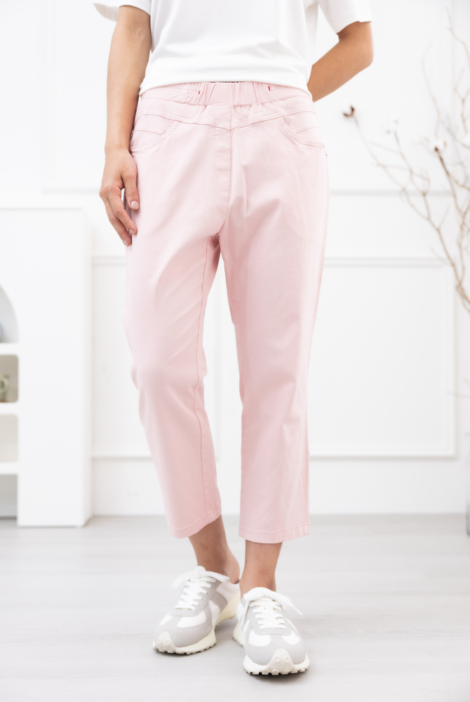 긴 바지 綴三色緞帶彈性棉直筒褲 / 粉紅色