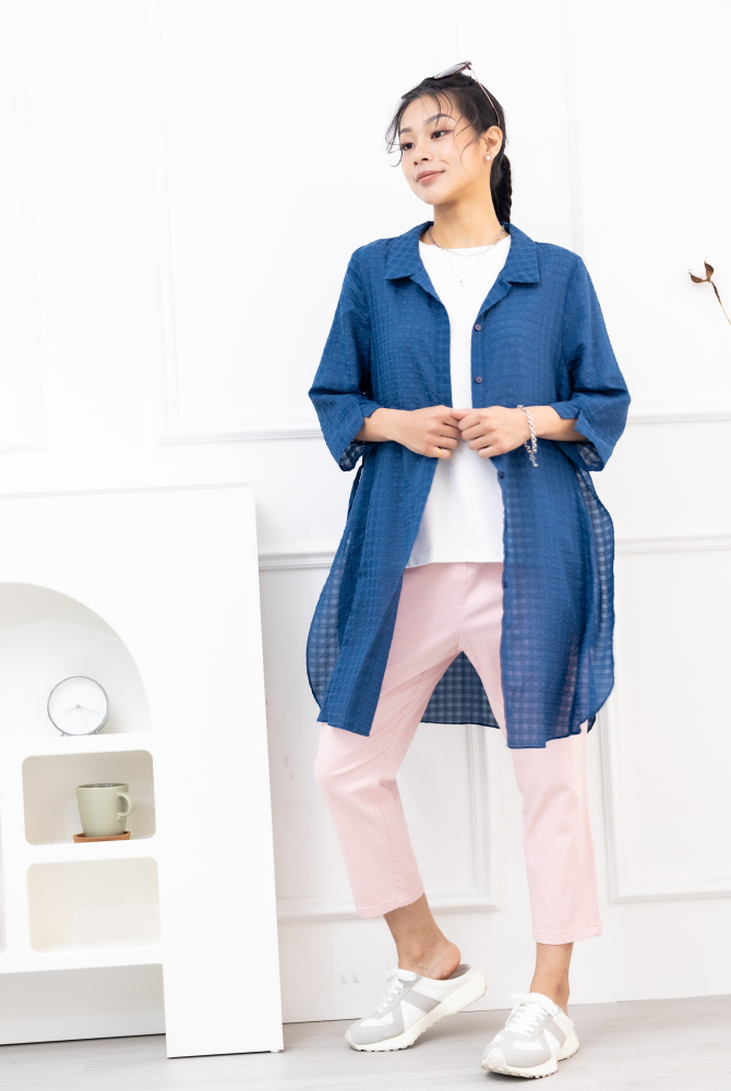 긴 바지 綴三色緞帶彈性棉直筒褲 / 粉紅色