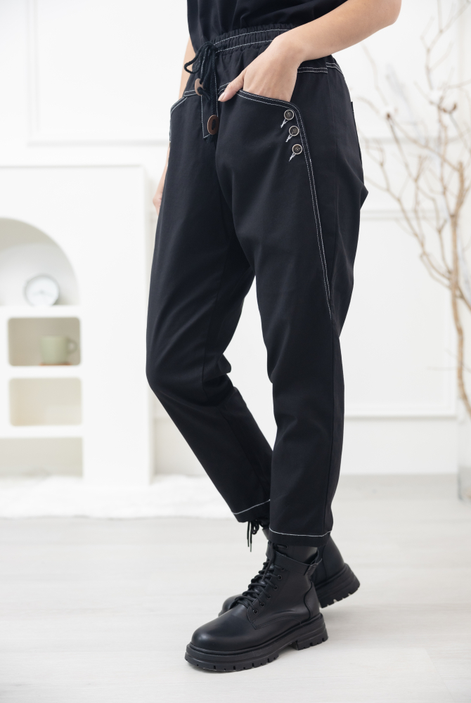 긴 바지 抽繩皮革棉長褲／黑色