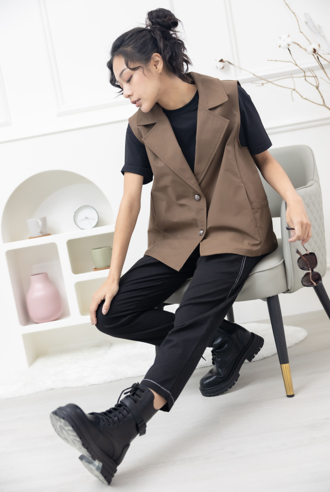 긴 바지 抽繩皮革棉長褲／黑色