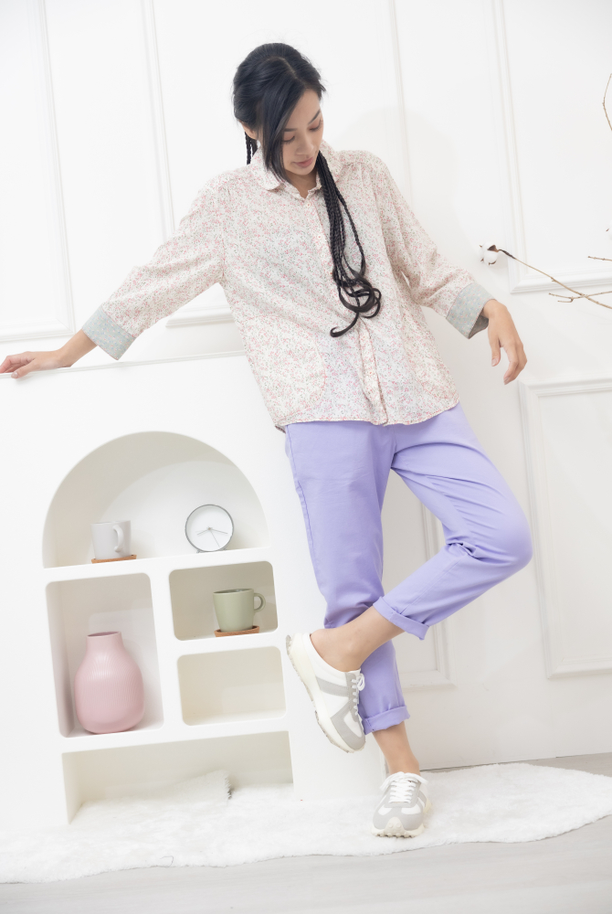 긴 바지 口袋綴鉚釘棉長褲／紫色