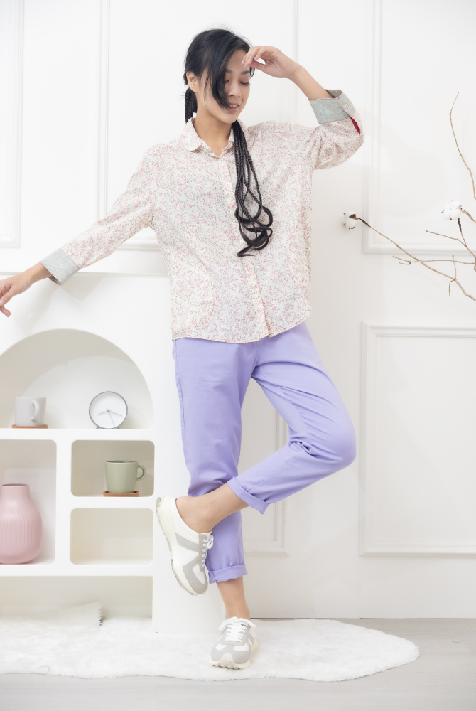 긴 바지 口袋綴鉚釘棉長褲／紫色