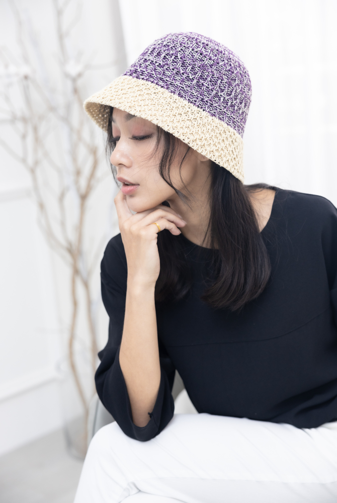 모자 編織漁夫帽／紫撞色米色