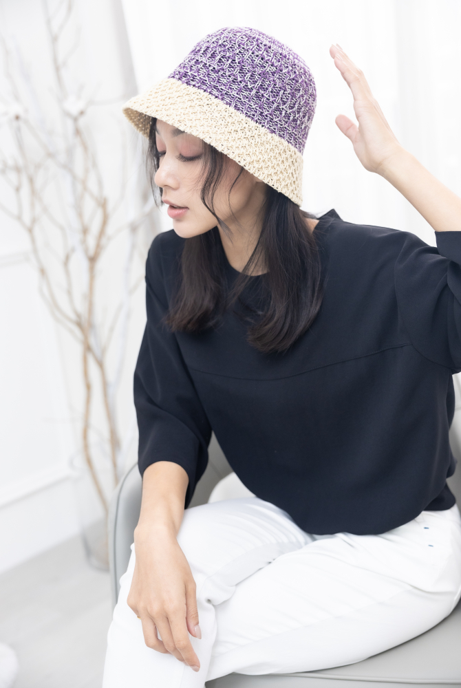 모자 編織漁夫帽／紫撞色米色