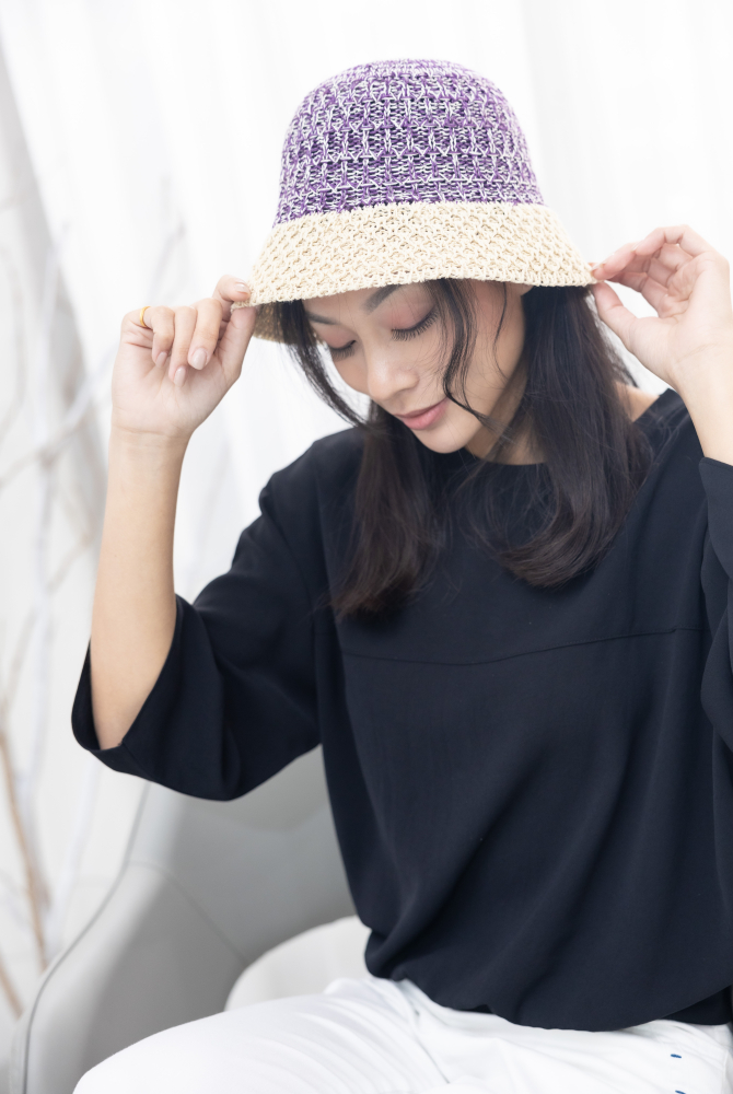 모자 編織漁夫帽／紫撞色米色