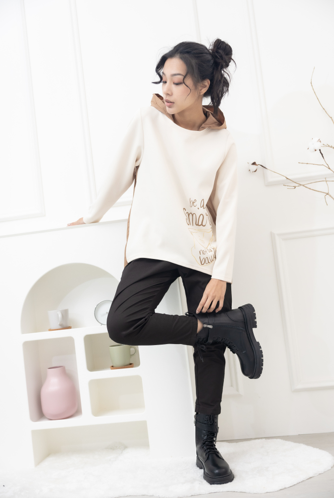 긴 바지 口袋釘釦棉長褲／棕黑色