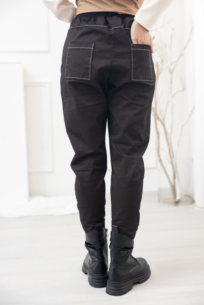 긴 바지 口袋釘釦棉長褲／棕黑色