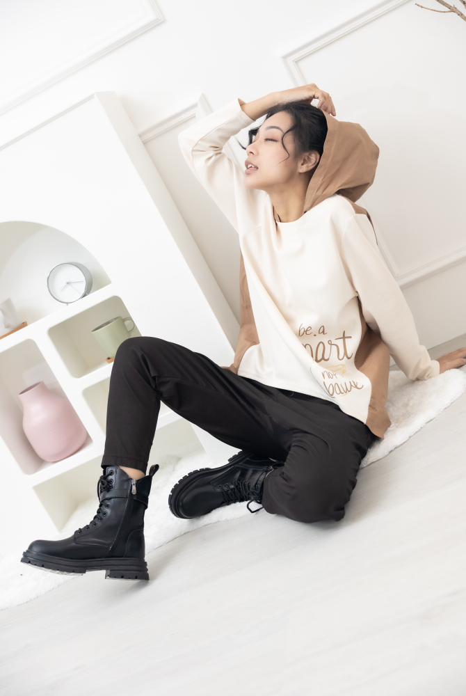 긴 바지 口袋釘釦棉長褲／棕黑色