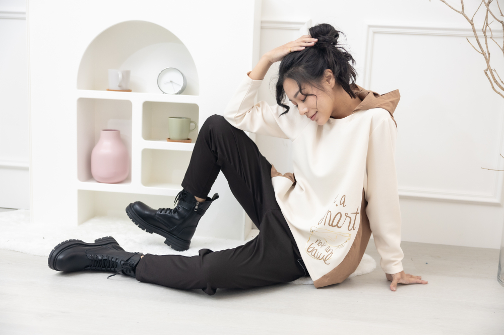 긴 바지 口袋釘釦棉長褲／棕黑色