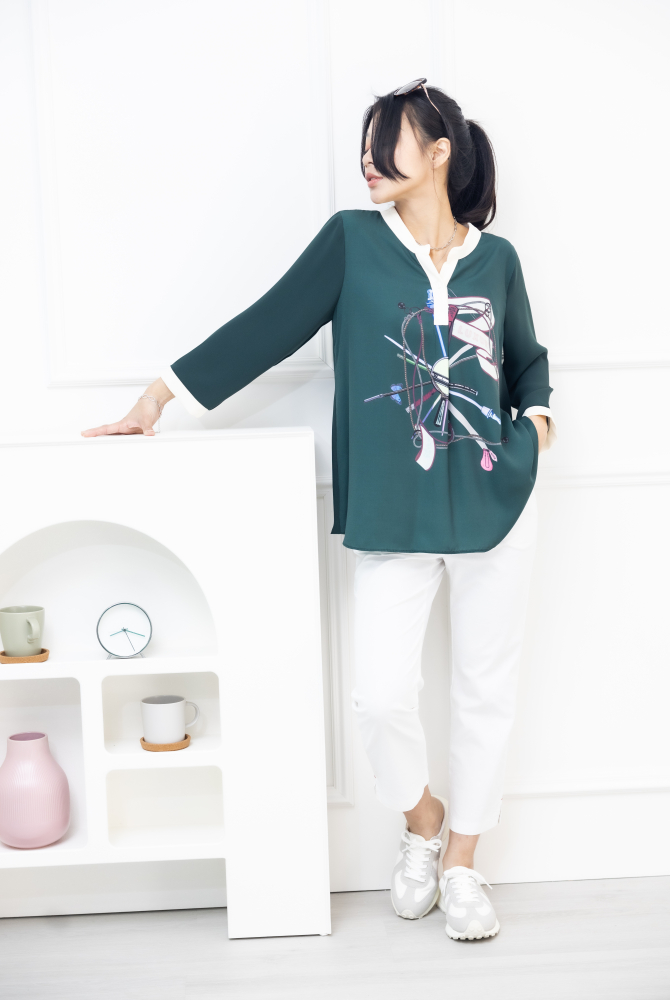 긴팔 緞帶印花七分袖雪紡上衣 /綠色