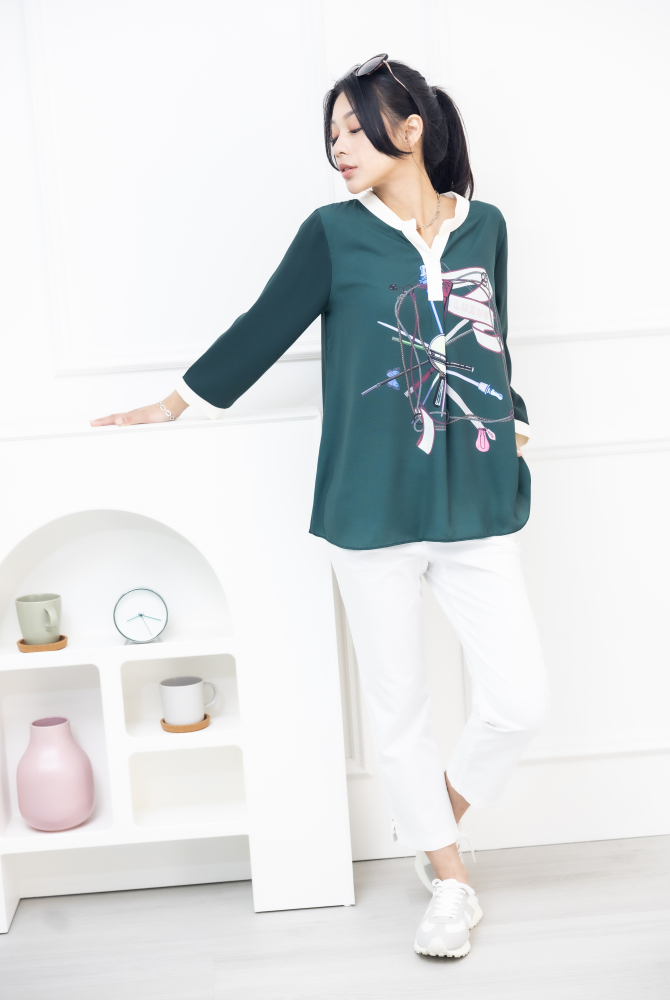 긴팔 緞帶印花七分袖雪紡上衣 /綠色