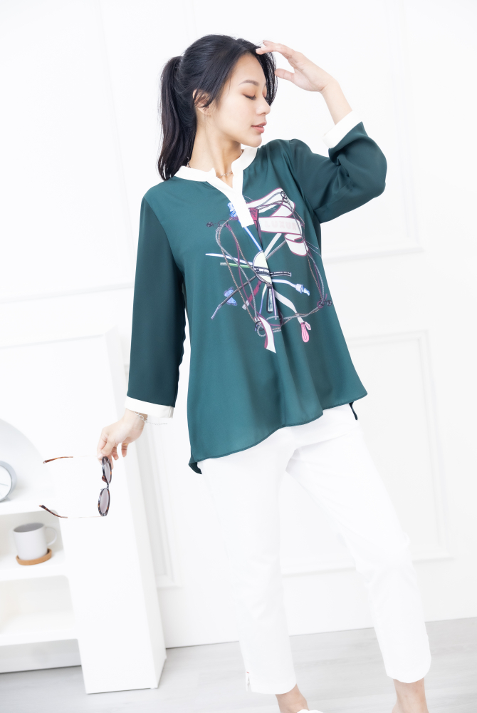 긴팔 緞帶印花七分袖雪紡上衣 /綠色