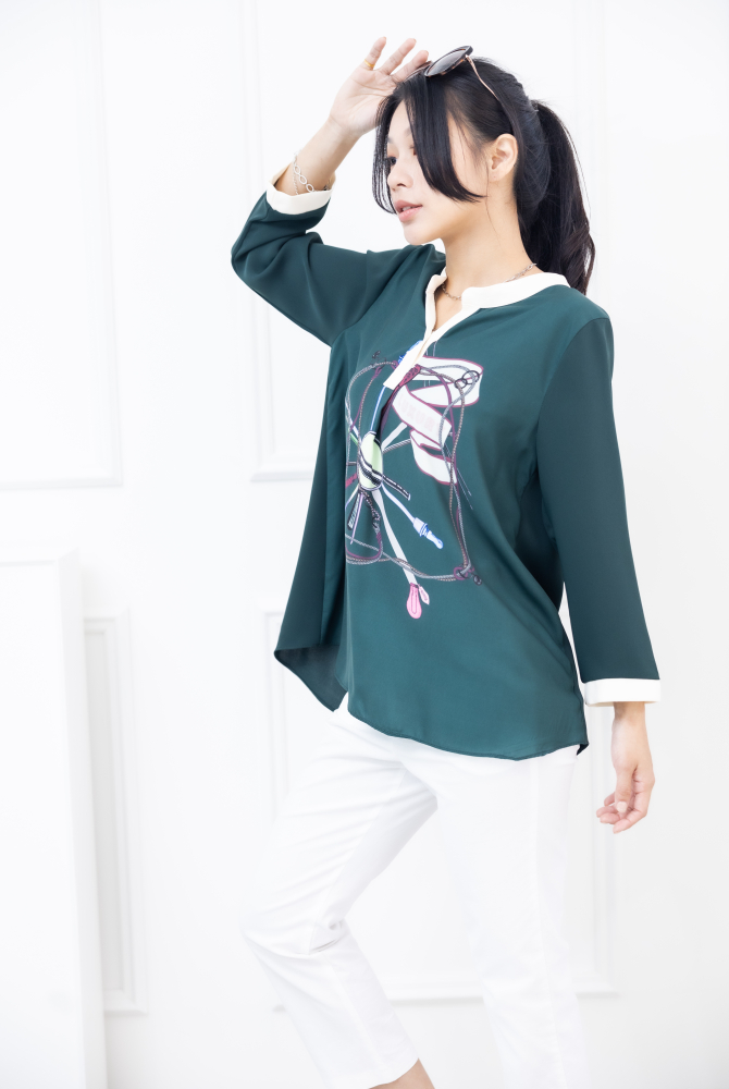 긴팔 緞帶印花七分袖雪紡上衣 /綠色