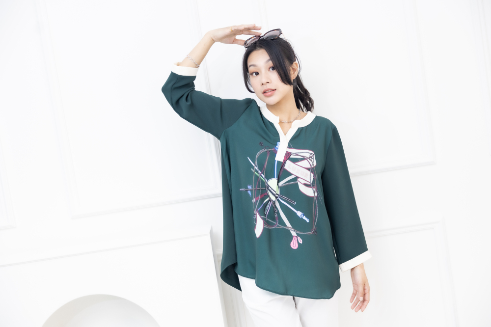 긴팔 緞帶印花七分袖雪紡上衣 /綠色