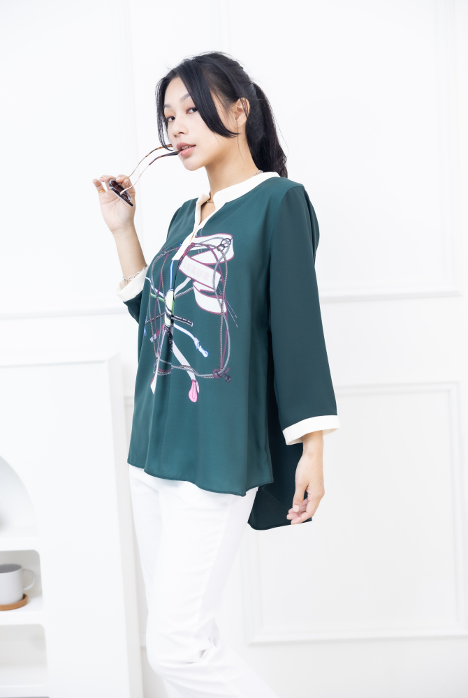 긴팔 緞帶印花七分袖雪紡上衣 /綠色