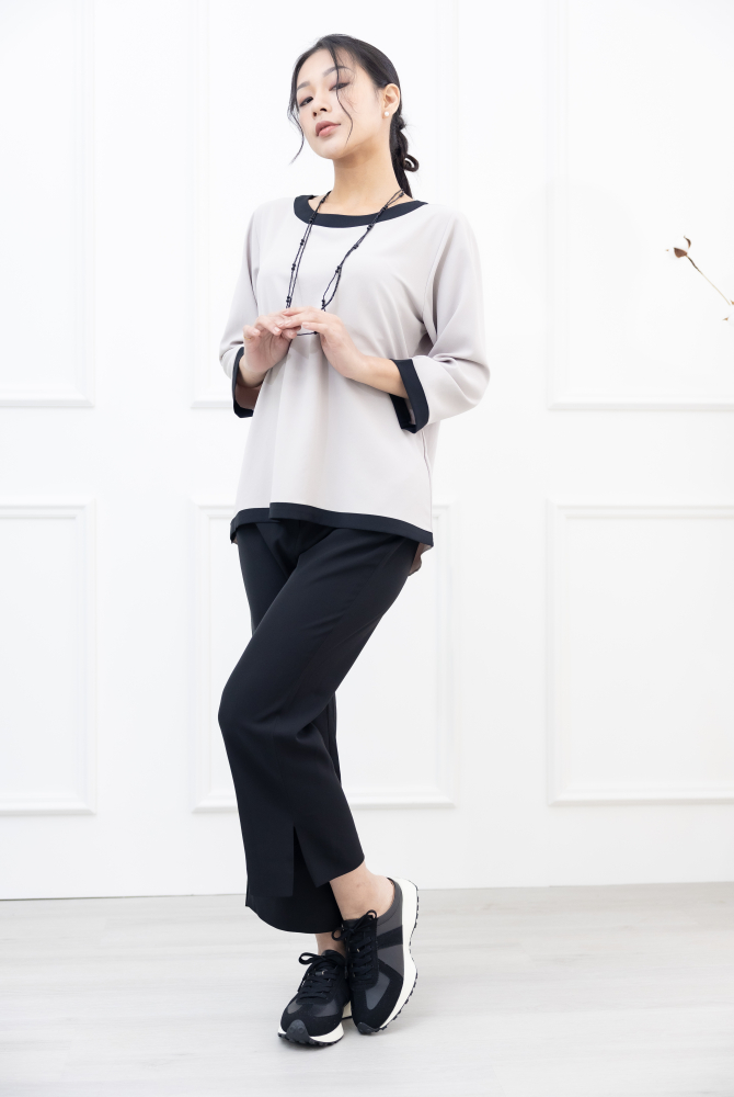 긴팔 滾黑邊七分袖上衣 / 杏仁色