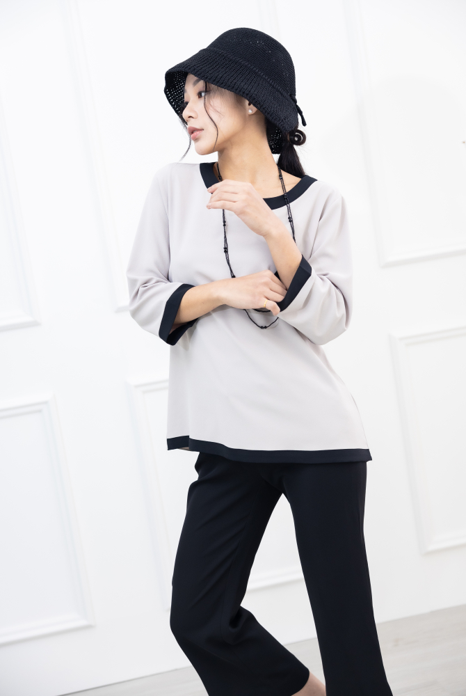 긴팔 滾黑邊七分袖上衣 / 杏仁色