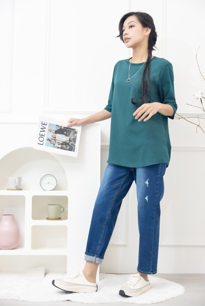 반팔 口袋刺繡竹節棉上衣 / 綠色