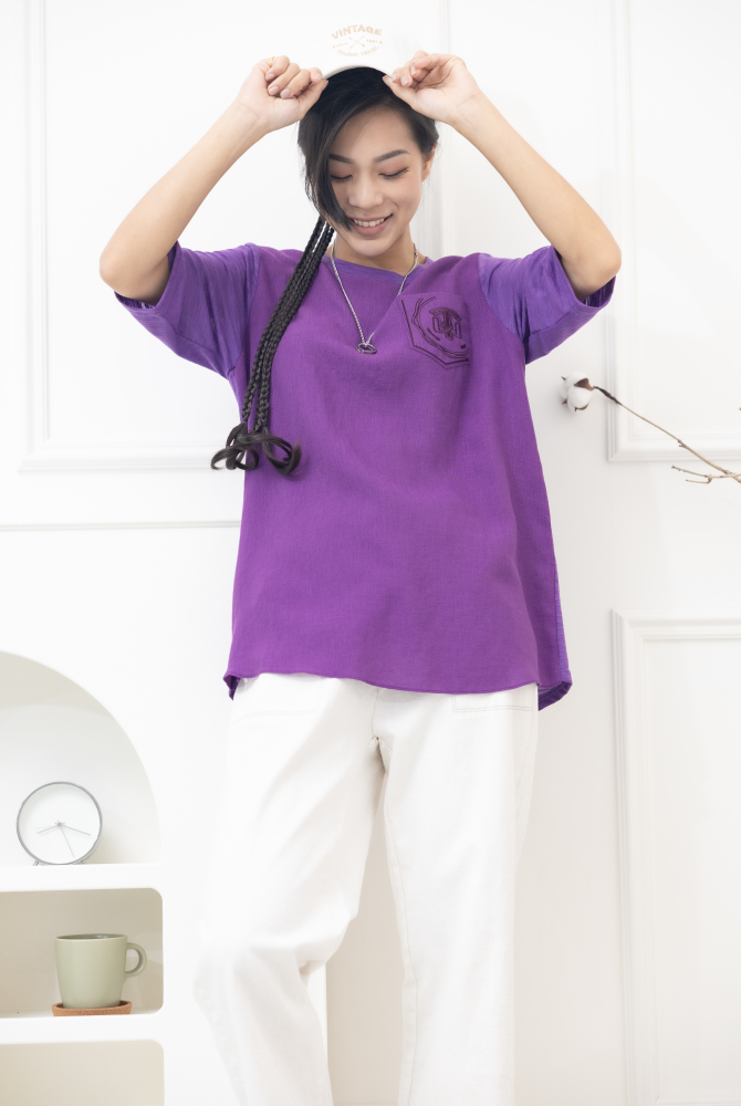 반팔 口袋刺繡竹節棉上衣 / 葡萄紫色