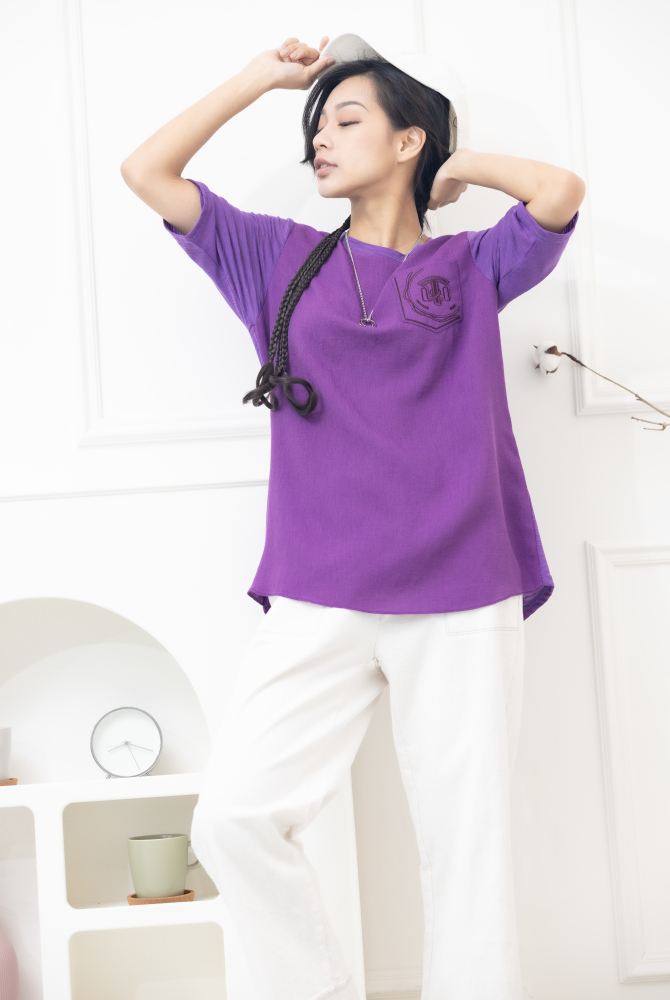 반팔 口袋刺繡竹節棉上衣 / 葡萄紫色