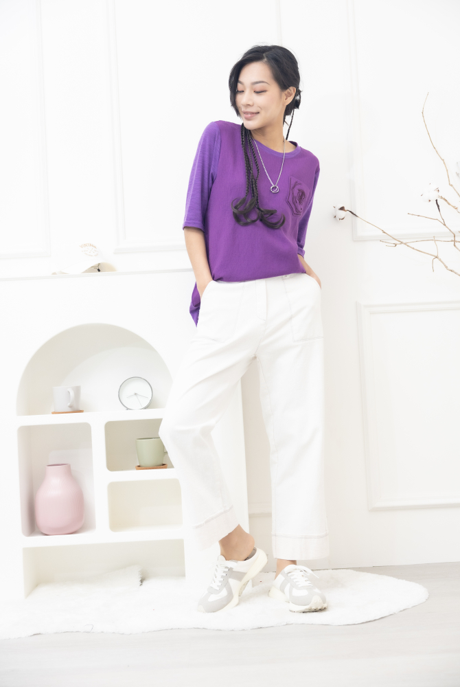 반팔 口袋刺繡竹節棉上衣 / 葡萄紫色