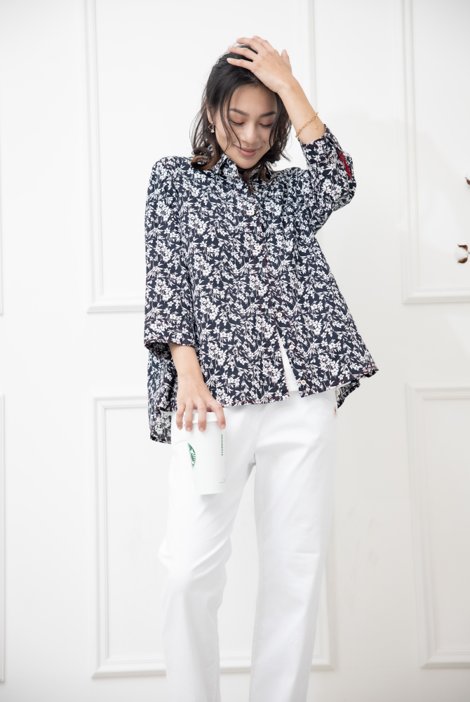 긴팔 印花七分袖襯衫上衣 /黑底白葉影