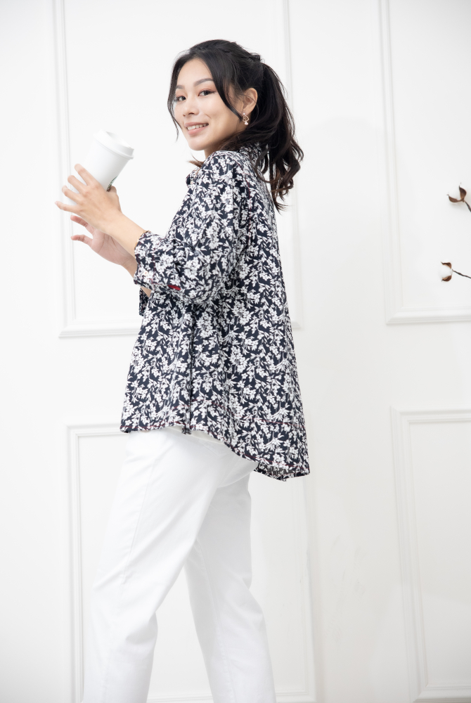 긴팔 印花七分袖襯衫上衣 /黑底白葉影