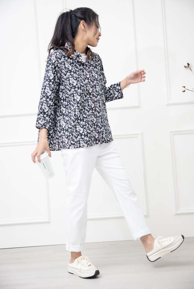 긴팔 印花七分袖襯衫上衣 /黑底白葉影