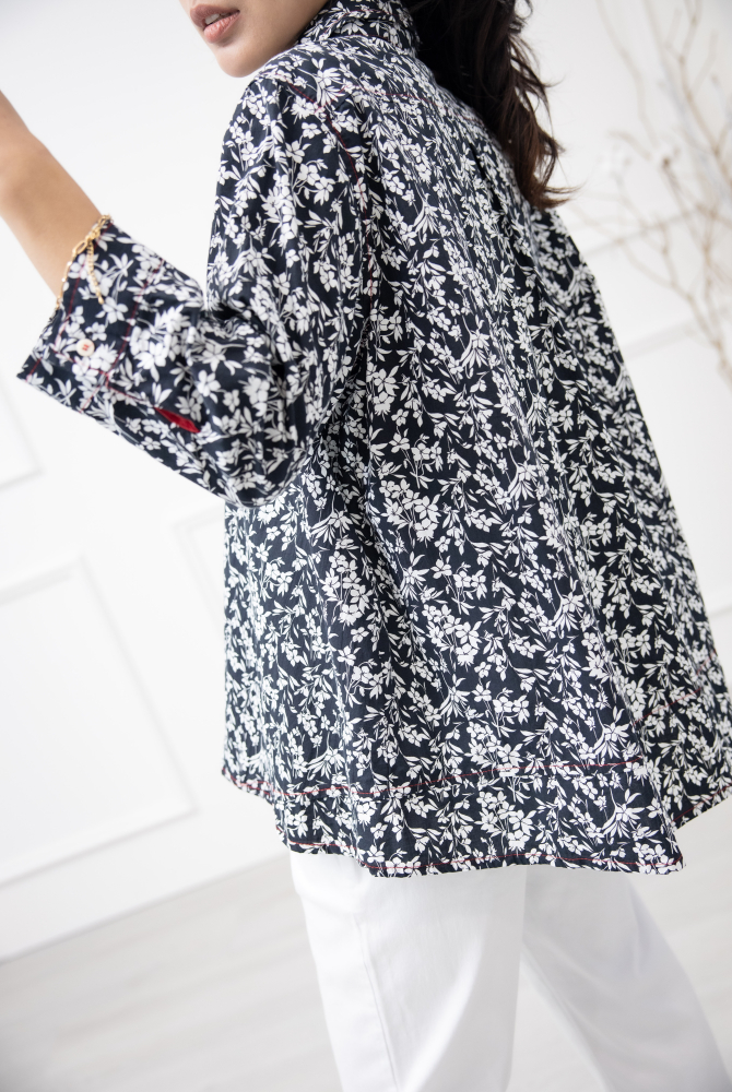 긴팔 印花七分袖襯衫上衣 /黑底白葉影