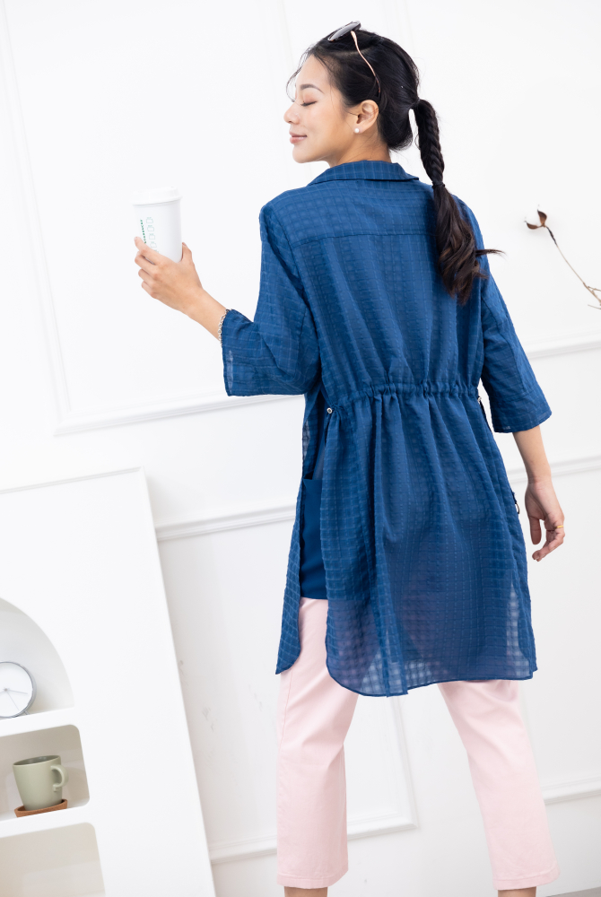 긴팔 雪紡半透明長袖上衣 / 藍色