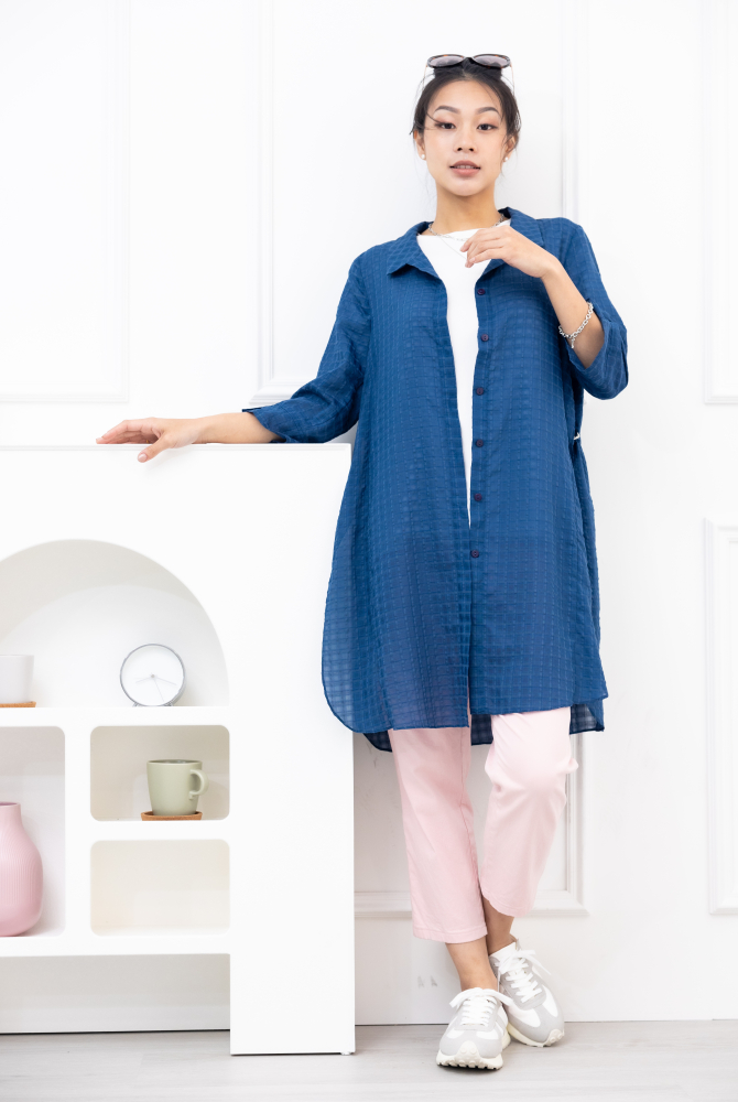 긴팔 雪紡半透明長袖上衣 / 藍色