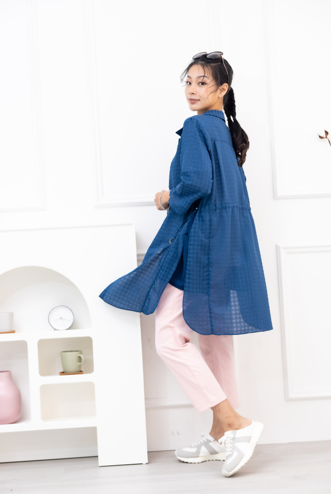 긴팔 雪紡半透明長袖上衣 / 藍色