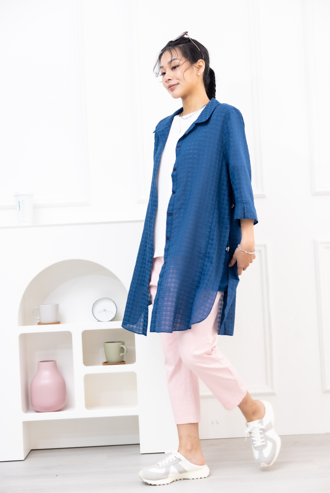 긴팔 雪紡半透明長袖上衣 / 藍色