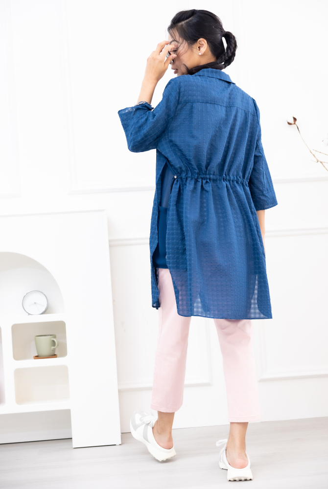 긴팔 雪紡半透明長袖上衣 / 藍色