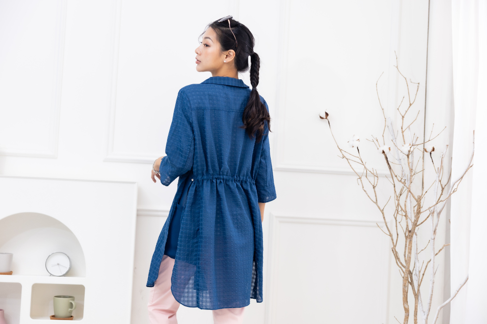 긴팔 雪紡半透明長袖上衣 / 藍色