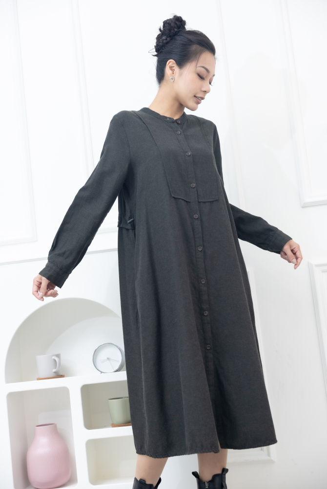 긴팔 開襟背後抽繩長版襯衫 / 綠色