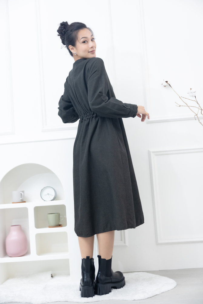 긴팔 開襟背後抽繩長版襯衫 / 綠色