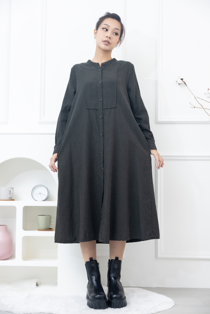 긴팔 開襟背後抽繩長版襯衫 / 綠色