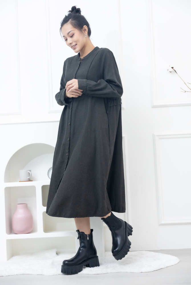 긴팔 開襟背後抽繩長版襯衫 / 綠色