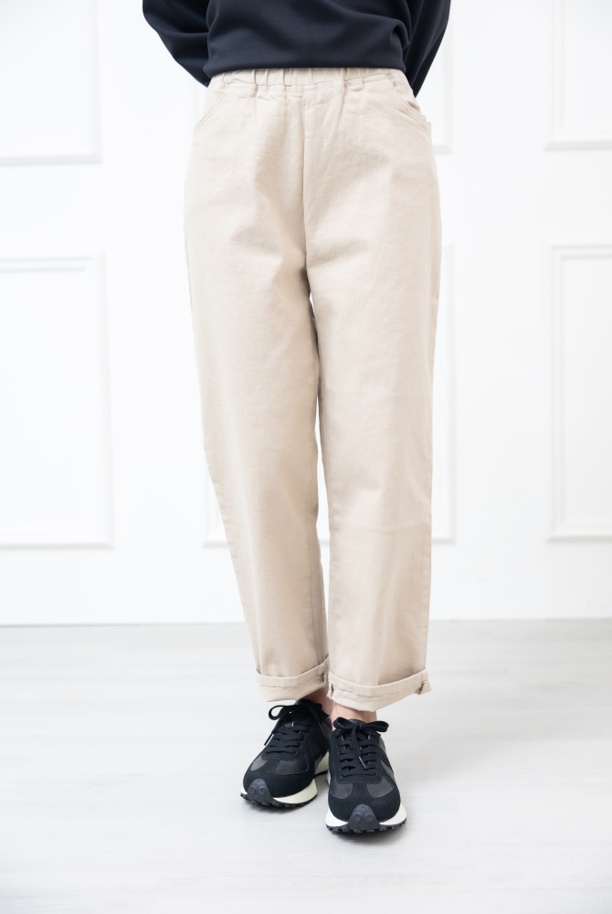 긴 바지 鬆緊帶粗厚棉質長褲 / 淺卡其色