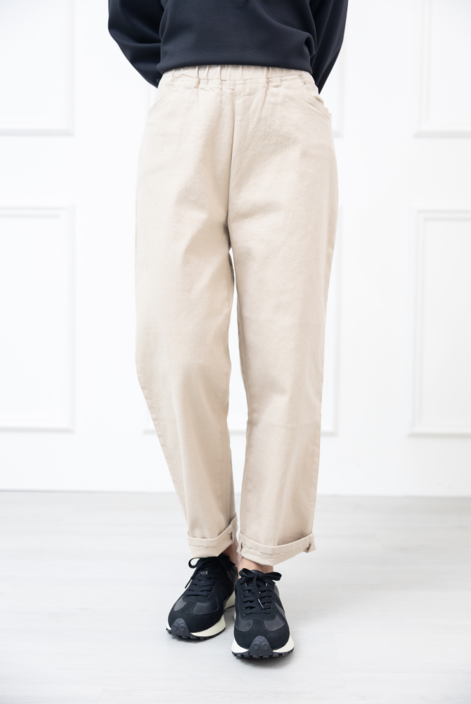 긴 바지 鬆緊帶粗厚棉質長褲 / 淺卡其色