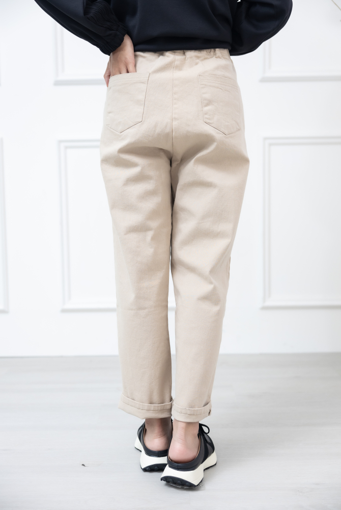 긴 바지 鬆緊帶粗厚棉質長褲 / 淺卡其色