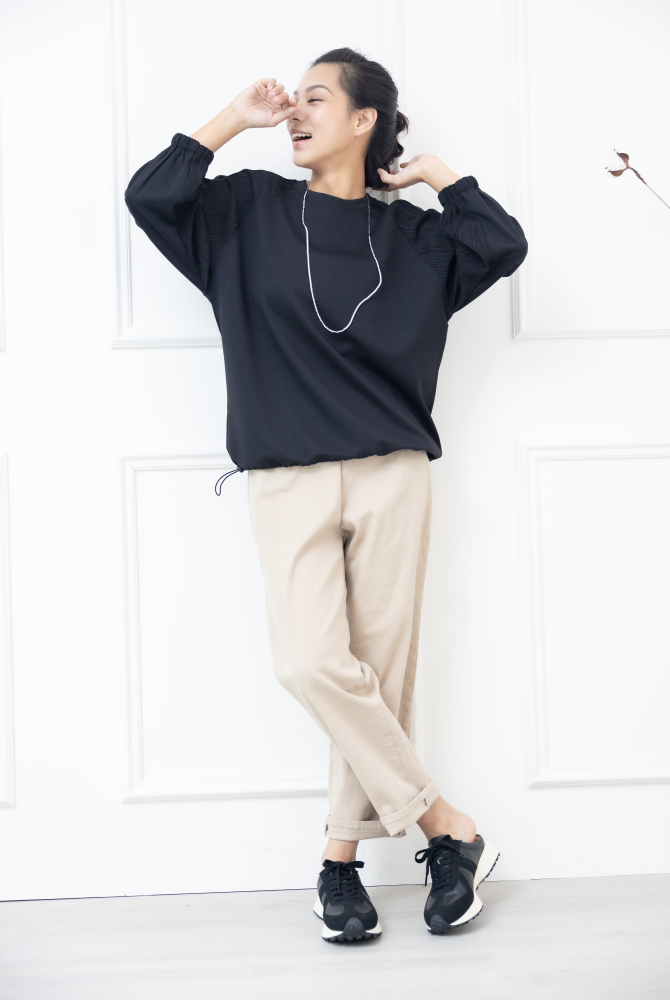 긴 바지 鬆緊帶粗厚棉質長褲 / 淺卡其色