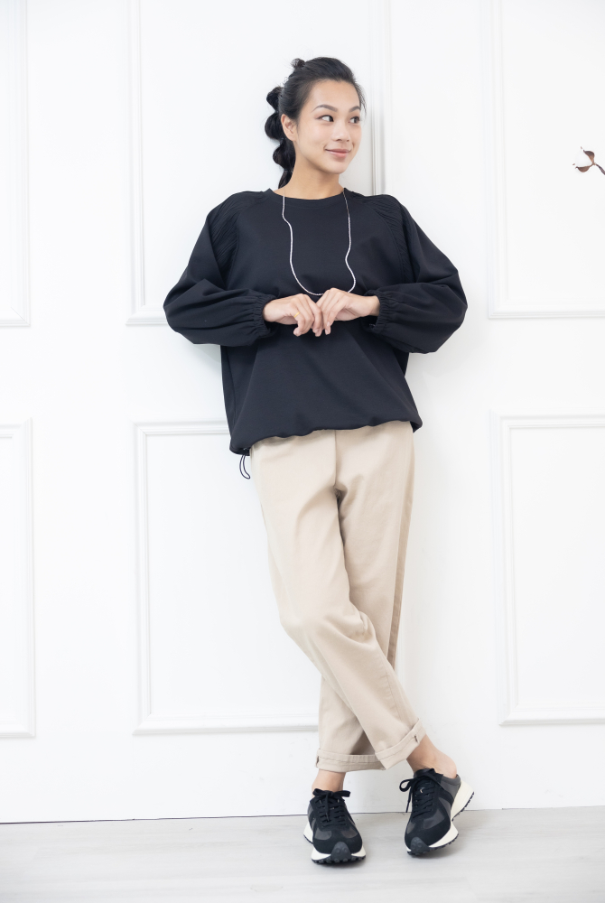 긴 바지 鬆緊帶粗厚棉質長褲 / 淺卡其色