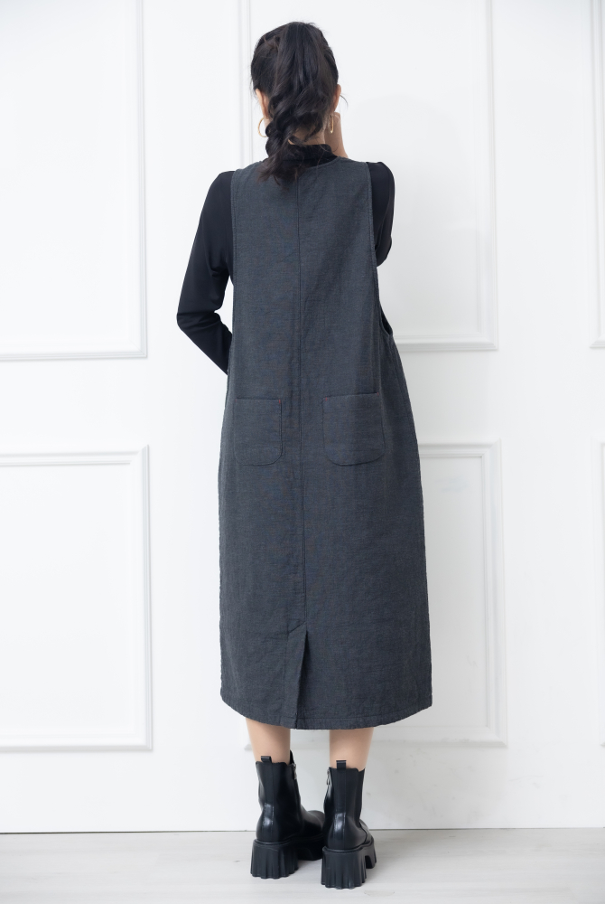 원피스 半開襟小扣子無袖洋裝 / 灰黑色