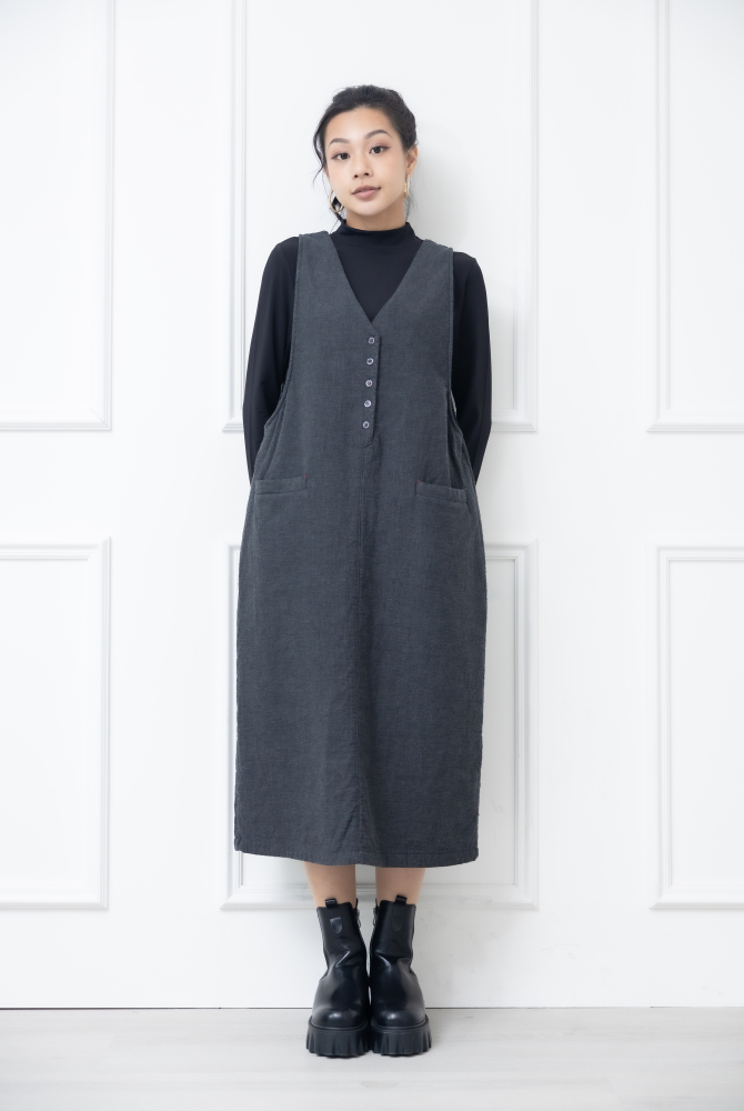 원피스 半開襟小扣子無袖洋裝 / 灰黑色