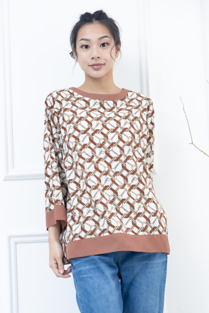 긴팔 棕色鍊條雪紡上衣 / 米白色